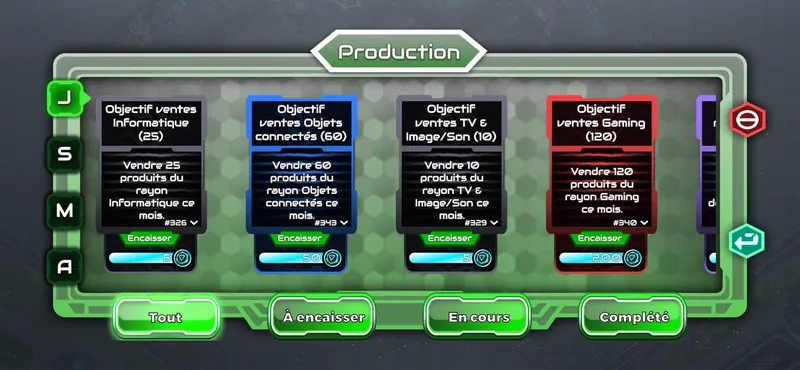 Cartes de missions dans Corporate Clash, colorées selon leur rareté