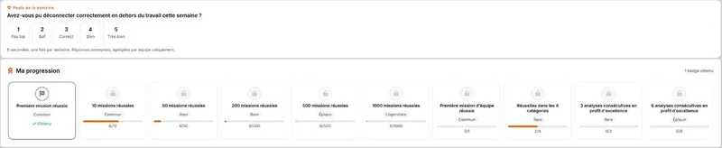Espace collaborateur dans la plateforme POM : pouls de la semaine et badges de progression